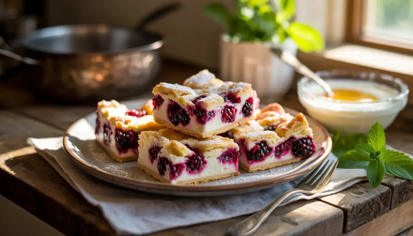 Blackberry Cream Cheese Breakfast Squares 2 Plate of blackberry cream cheese squares stacked, accompanied by honey and mint.