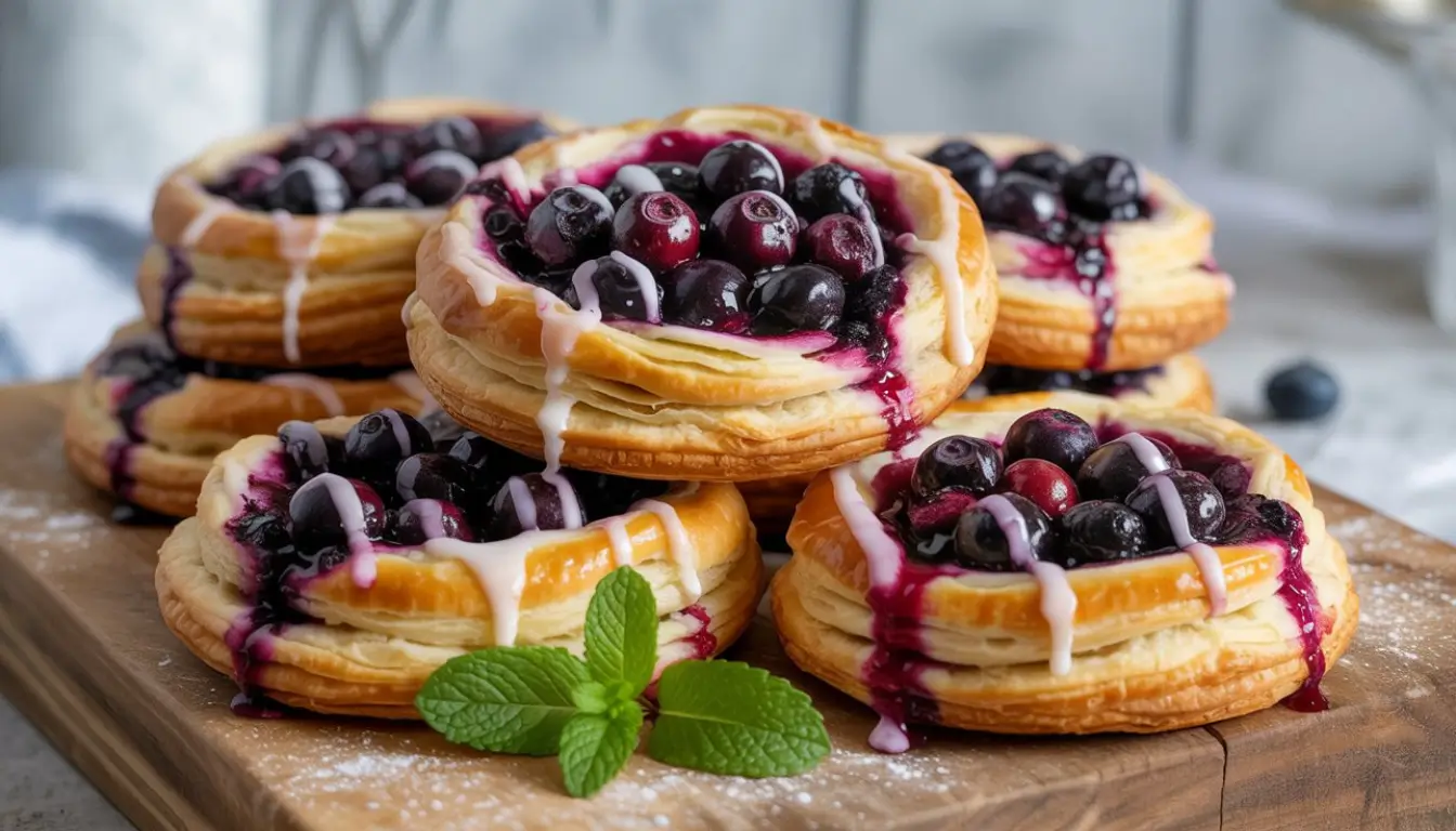 Make-Ahead Blueberry Cream Cheese Danishes 2 Stack of blueberry cream cheese danishes with fresh blueberries on table.