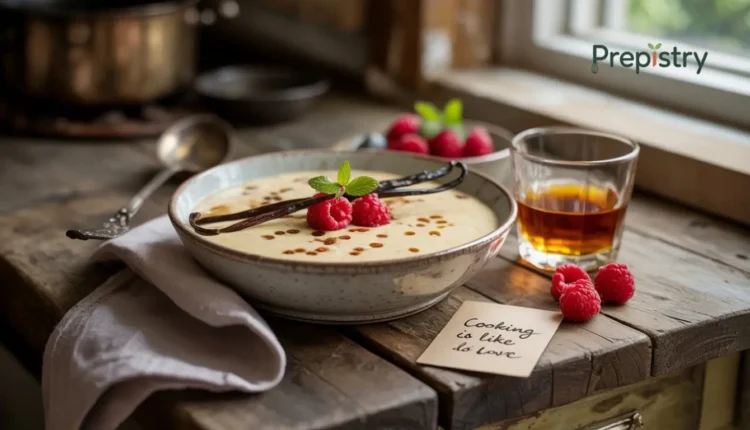 A pottery bowl of creamy bourbon vanilla bean breakfast pudding garnished with raspberries.