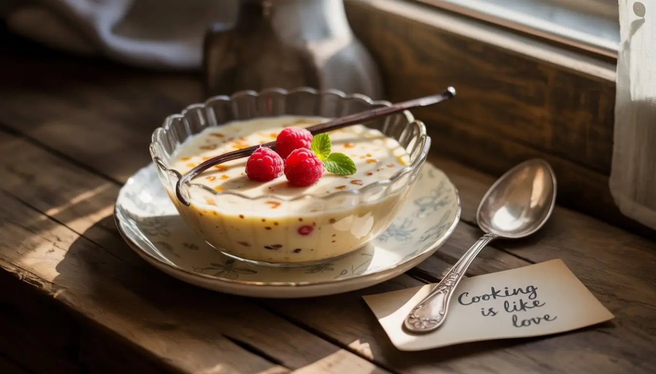 Bourbon Vanilla Bean Breakfast Pudding 2 A scalloped glass bowl of smooth bourbon vanilla bean pudding garnished with three raspberries.