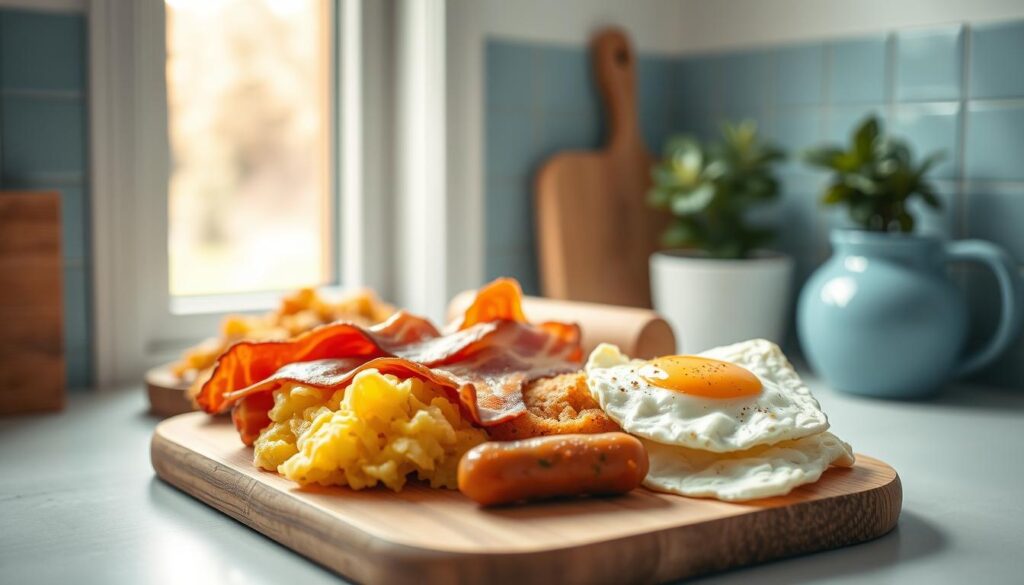 Breakfast protein meal prep: an artful arrangement of crisp bacon, fluffy scrambled eggs, savory turkey sausage, and golden-brown hash browns nestled on a wooden cutting board. Soft, natural lighting filters through a nearby window, casting a warm glow over the scene. The clean, minimalist kitchen setting features light blue accents and a touch of greenery, creating a calming, nourishing atmosphere. Captured at a slight angle, the image invites the viewer to savor the delicious, satisfying start to the day.
