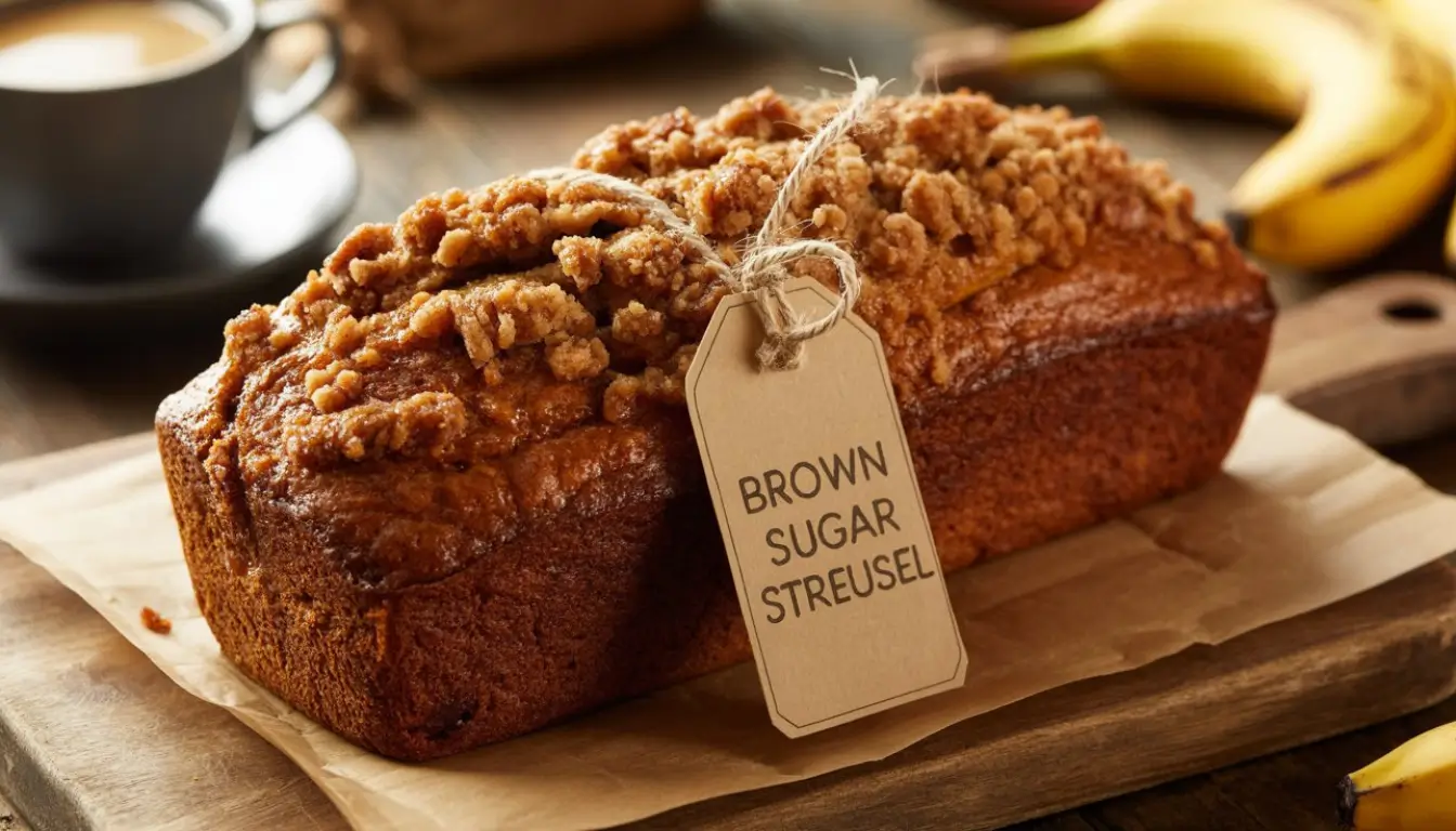 Brown sugar streusel banana bread with crumb topping on parchment and bananas nearby.