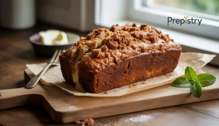 Sliced loaf of brown sugar streusel banana bread with butter and mint garnish.