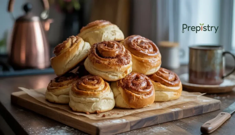 A pyramid stack of spiral sweet buns with brown sugar glaze on a wooden board.