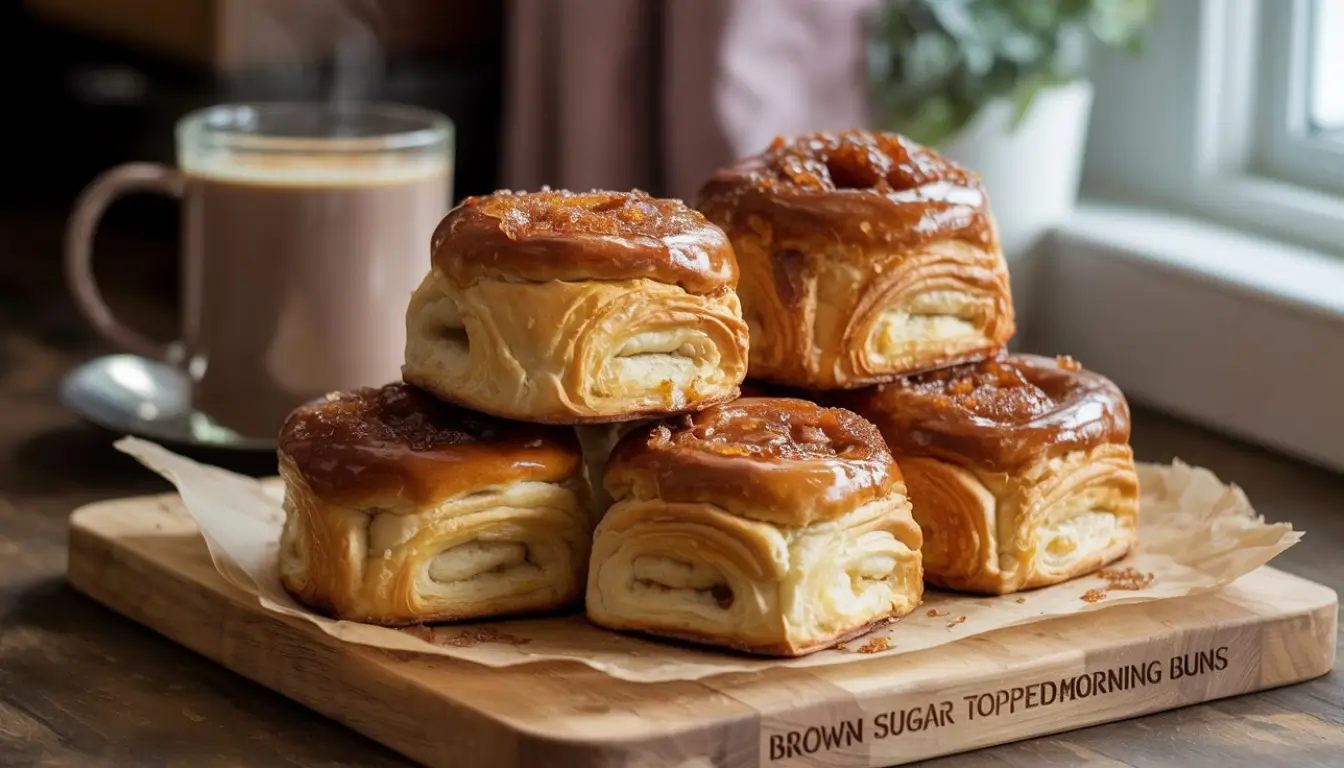 Stacked brown-sugar-topped sweet buns on parchment paper with a coffee mug in the background.