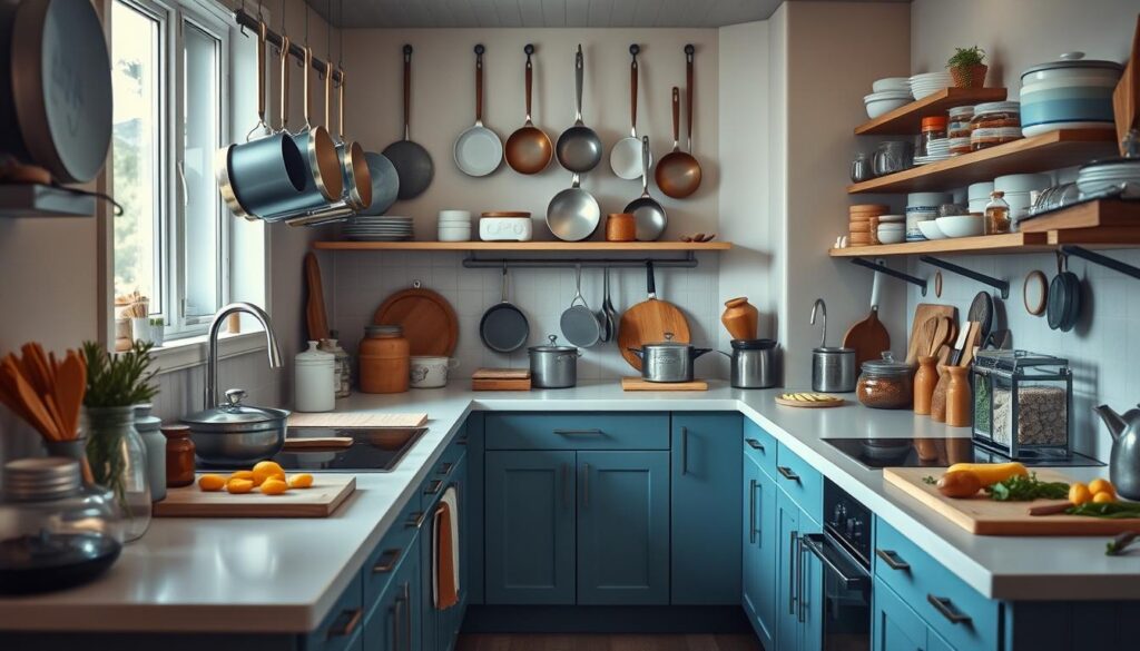 Busy kitchen with efficient organization: a cozy, minimal space with warm wooden textures and light blue accents. Carefully arranged tools and ingredients on sleek countertops, creating a harmonious flow. Pots and pans hang neatly, spices and herbs in labeled jars. Soft, directional lighting illuminates the scene, casting gentle shadows that highlight the thoughtful layout. The atmosphere is one of focused productivity, where every element serves a purpose in maximizing the kitchen's potential.