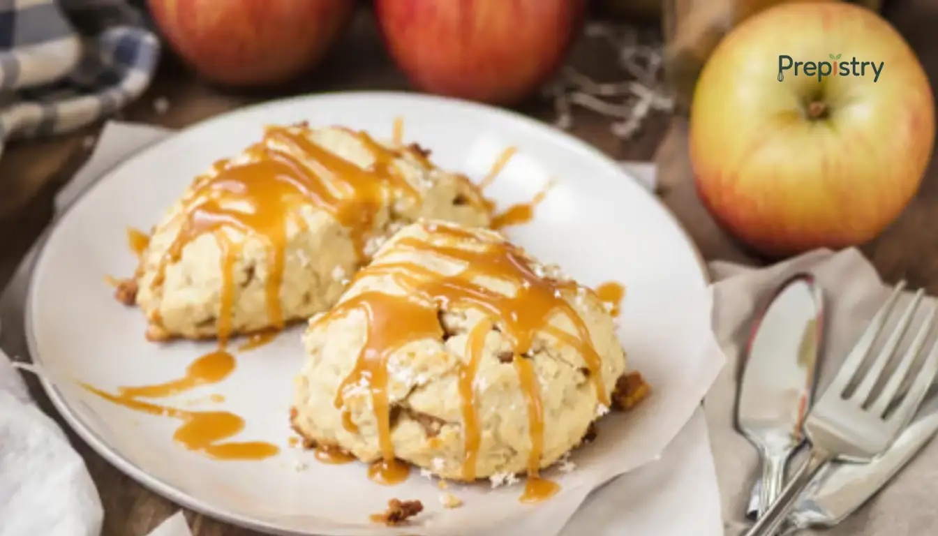 Caramel Apple Cider Breakfast Scones 2 Caramel apple cider scones drizzled with caramel