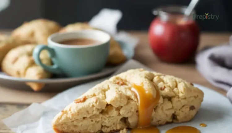 Close-up of apple cider scones with caramel drizzle
