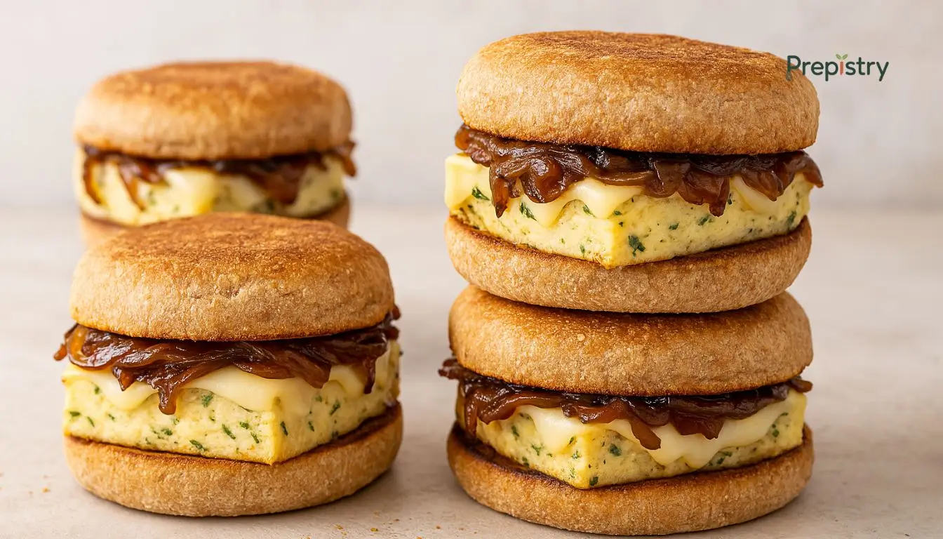 Caramelized Onion and Gruyère Freezer Breakfast Stacked English muffin sandwiches with eggs, caramelized onions, and melted Gruyère