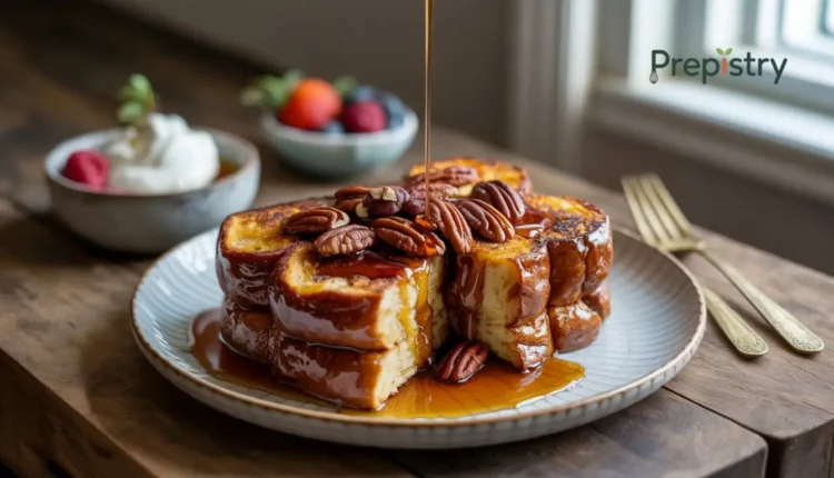 Caramelized vanilla pecan French toast with syrup, pecans, and fresh berries.