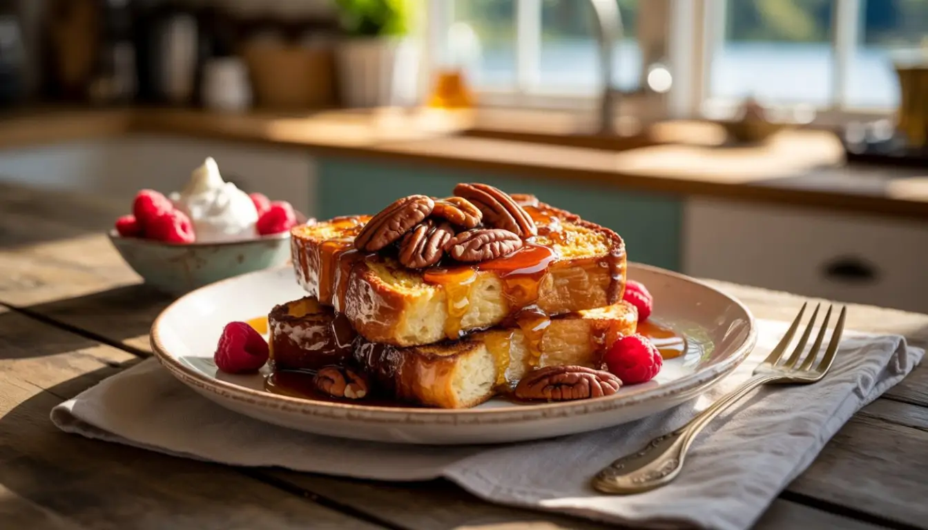 Caramelized vanilla pecan French toast stacked with syrup, pecans, and berries.
