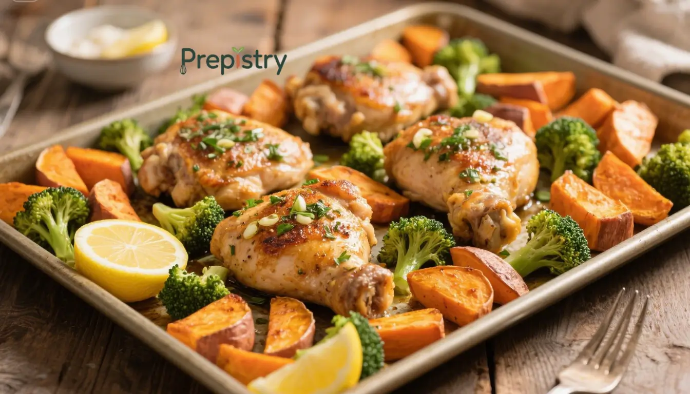 Close-up of roasted chicken thighs, caramelized sweet potatoes, and broccoli on a sheet pan.