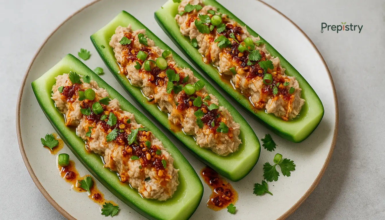 Chili Crunch Tuna Cucumber Boats Spicy tuna-stuffed cucumber halves topped with chili crunch and fresh herbs