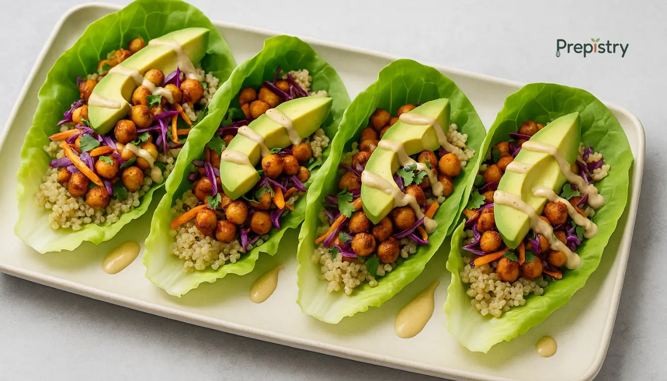 Chili Lime Chickpea & Quinoa Lettuce Wraps Fresh lettuce wraps filled with quinoa, roasted chickpeas, avocado, and slaw, drizzled with tahini