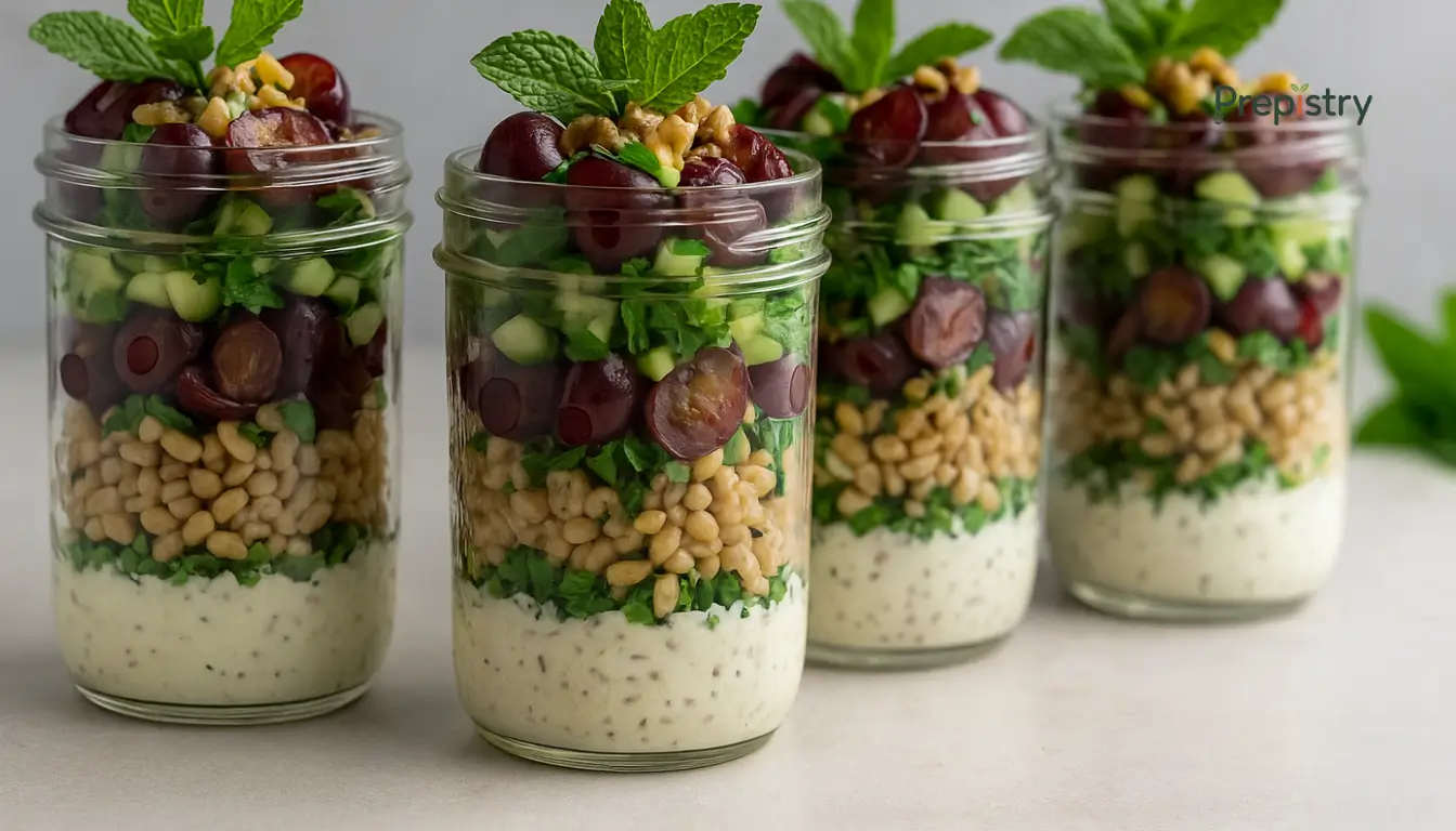 Chilled Barley Salad Jars with Roasted Grapes Four glass jars layered with whipped feta, barley, roasted grapes, cucumber, and fresh herbs
