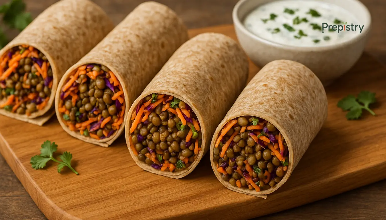 Chilled Cumin-Lentil Salad Wraps with Carrot Slaw Whole grain wraps filled with cumin-spiced lentils and carrot slaw on a wooden board