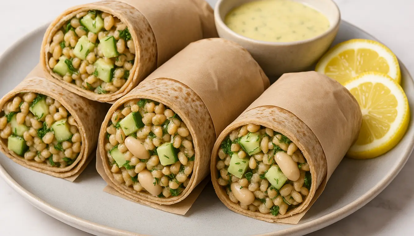 Chilled Lemon-Dill Farro & White Bean Wraps Whole grain wraps filled with farro, white beans, cucumber, and herbs on a plate