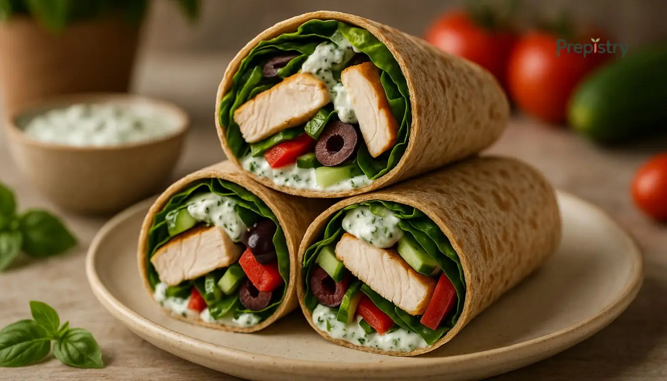 Chilled Mediterranean Chicken Wrap Whole wheat wraps filled with grilled chicken, olives, cucumbers, peppers, and creamy yogurt sauce