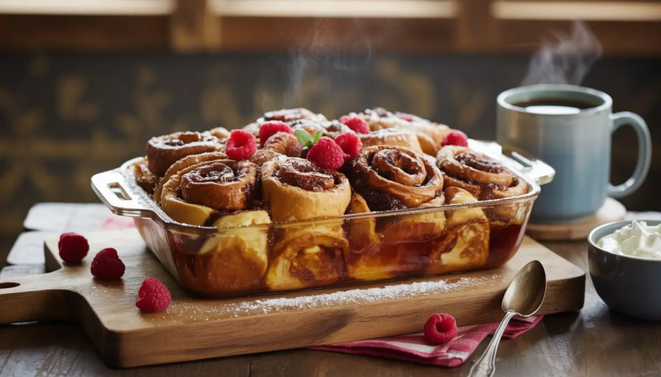 Overnight Cinnamon Roll French Toast 2 Freshly baked cinnamon rolls with caramel sauce and raspberries beside a cup of coffee.