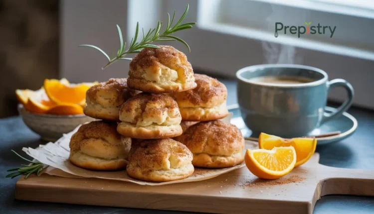 Stack of cinnamon sugar crusted puffs served with coffee and fresh oranges.