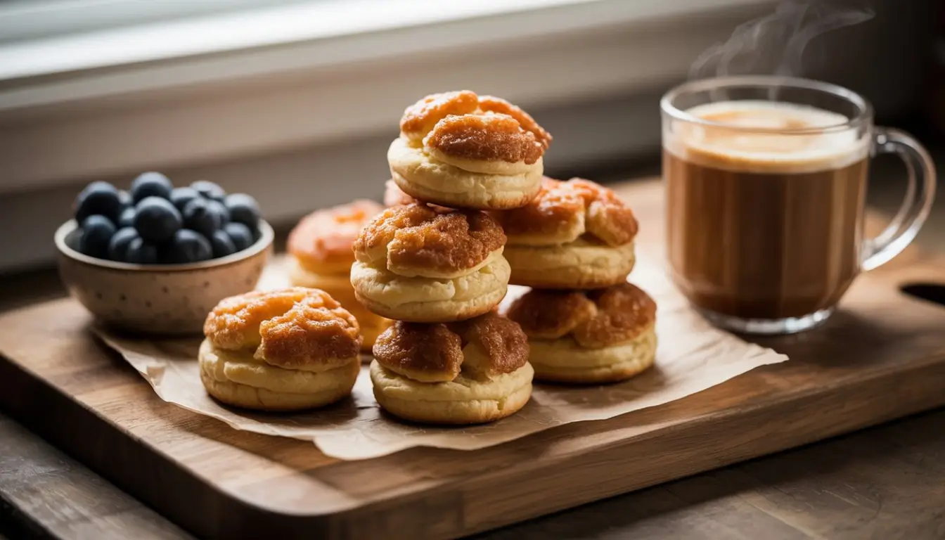 Cinnamon Sugar Crusted Breakfast Puffs 2 Stack of golden cinnamon sugar crusted puffs with a warm, crispy top.
