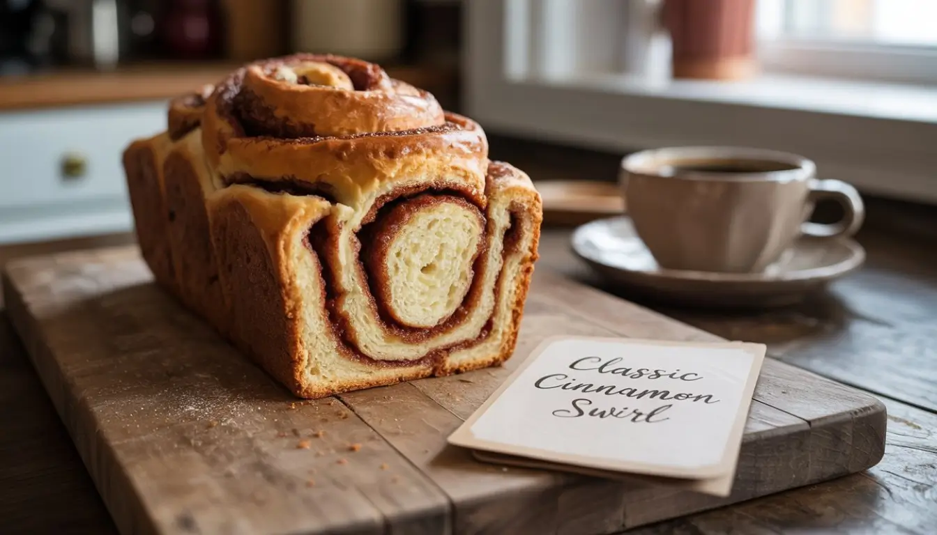 Classic Cinnamon Swirl Breakfast Loaf 2 Close-up of a cinnamon swirl loaf with coffee on a wooden surface.