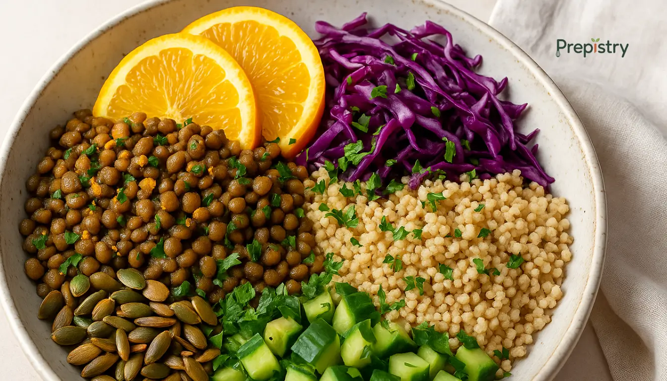 Citrus Harissa Lentil & Couscous Power Bowl A colorful bowl with couscous, spiced lentils, purple cabbage, cucumber, and orange slices