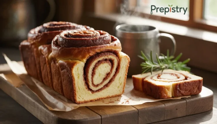 Cinnamon swirl loaf with a slice taken out, coffee, and a Prepistry logo.