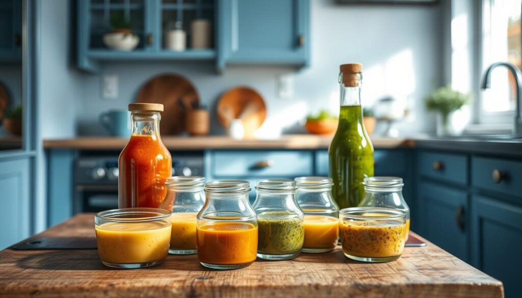Close-up shot of an assortment of homemade salad dressings and sauces neatly arranged on a wooden table in a cozy, minimalist kitchen with light blue accents. The dressings are presented in small glass jars and bottles, showcasing their vibrant colors and natural ingredients. Subtle natural lighting casts a warm glow, highlighting the textures of the wood and the glossy surfaces of the dressings. The overall composition emphasizes the freshness and gourmet quality of the homemade condiments.