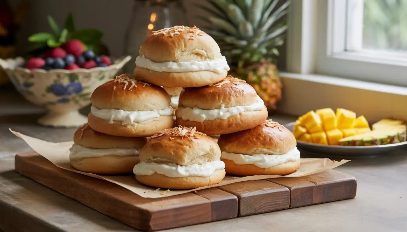 Coconut Cream Sweet Breakfast Buns 2 Coconut cream buns stacked on a wooden board with fruit in the background.