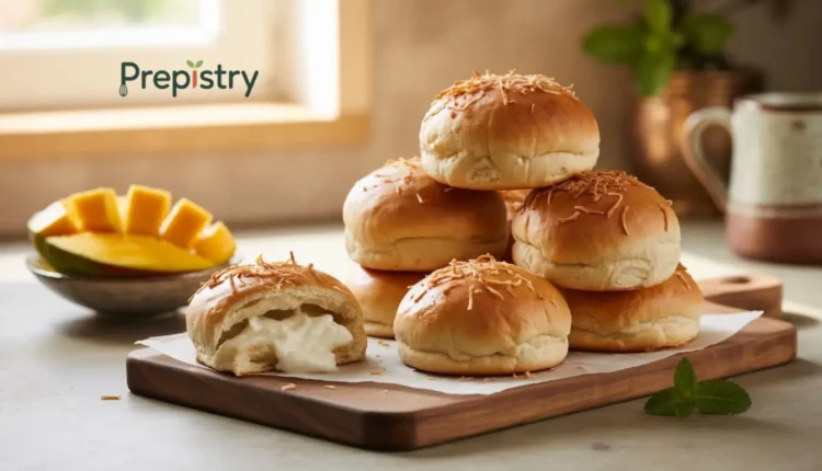 Coconut cream buns with one cut open to reveal the filling, fresh mango on the side.