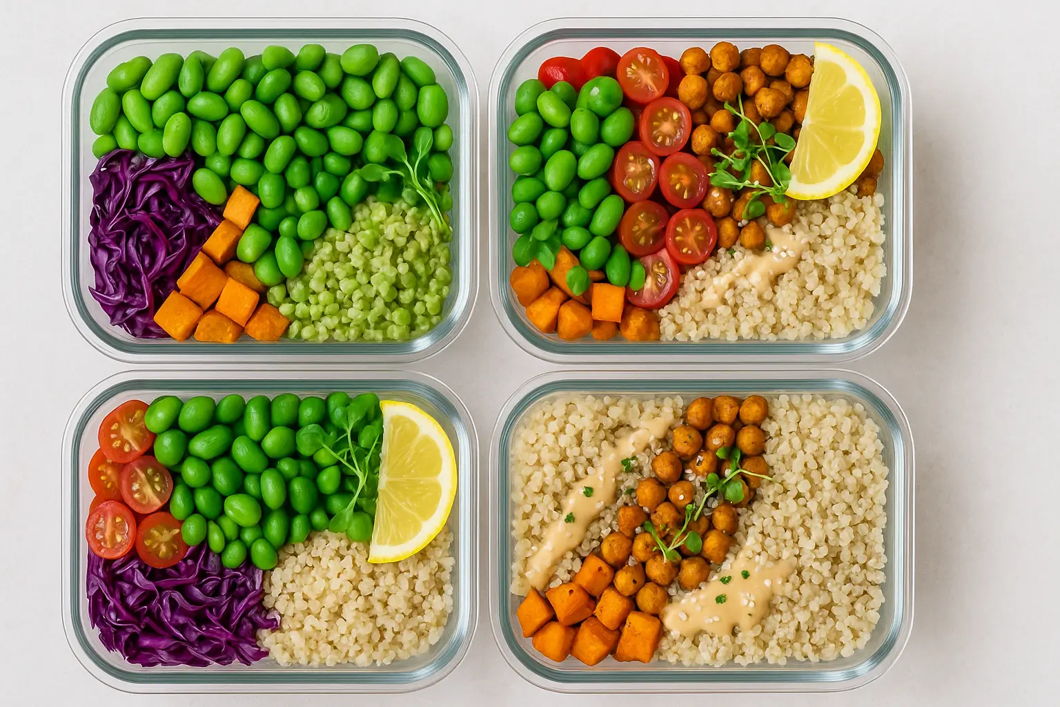 Color-Coded Rainbow Dinner Bento Bowls Bento box with green edamame, purple cabbage, sweet potatoes, and grains