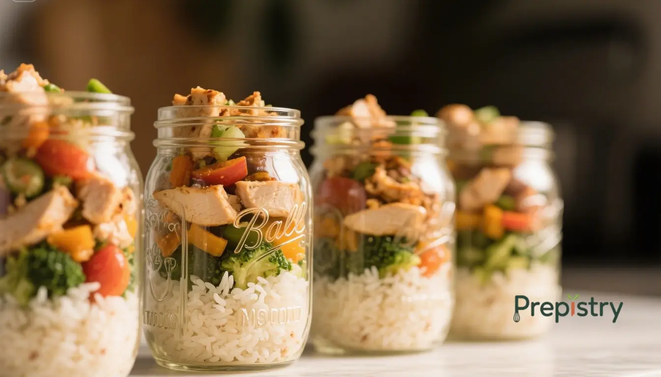 Compact Mason Jar Chicken Veggie Grain Bowls Transparent Ball jar filled with fluffy rice, bright broccoli florets, chopped peppers, and sliced chicken.