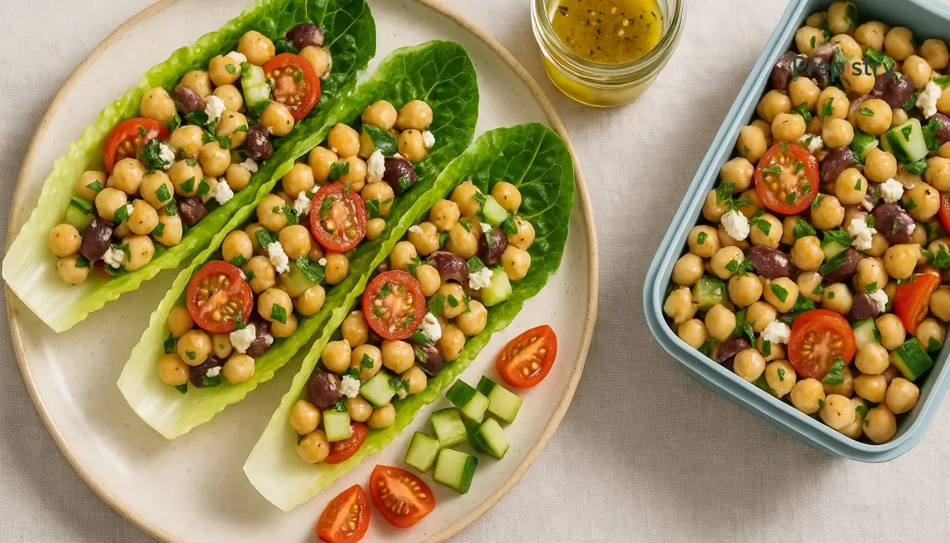 Cool Crunch Mediterranean Chickpea Lettuce Boats Chickpea salad with cucumber, tomato, olives, and feta in romaine lettuce boats on a plate