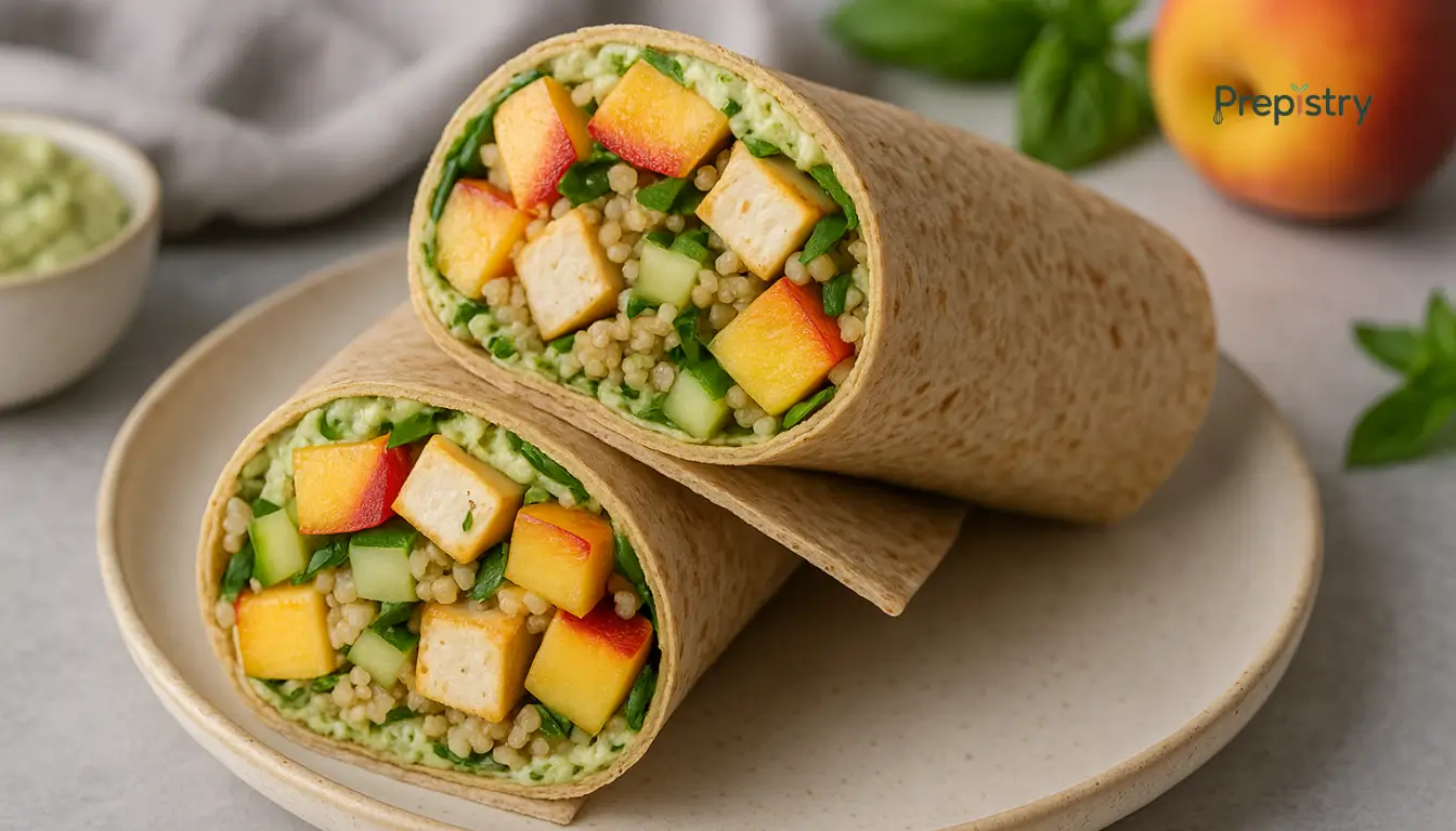 Cool Crunch Tofu & Peach Quinoa Salad Wraps Sliced tofu and peach quinoa wraps on a plate with creamy spread and fresh herbs