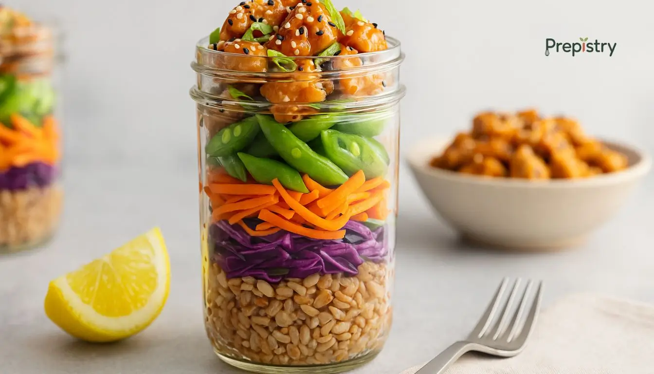 Cool-Down Sesame Chicken Grain Jars Layered mason jar with sesame chicken, farro, snap peas, carrots, and purple cabbage
