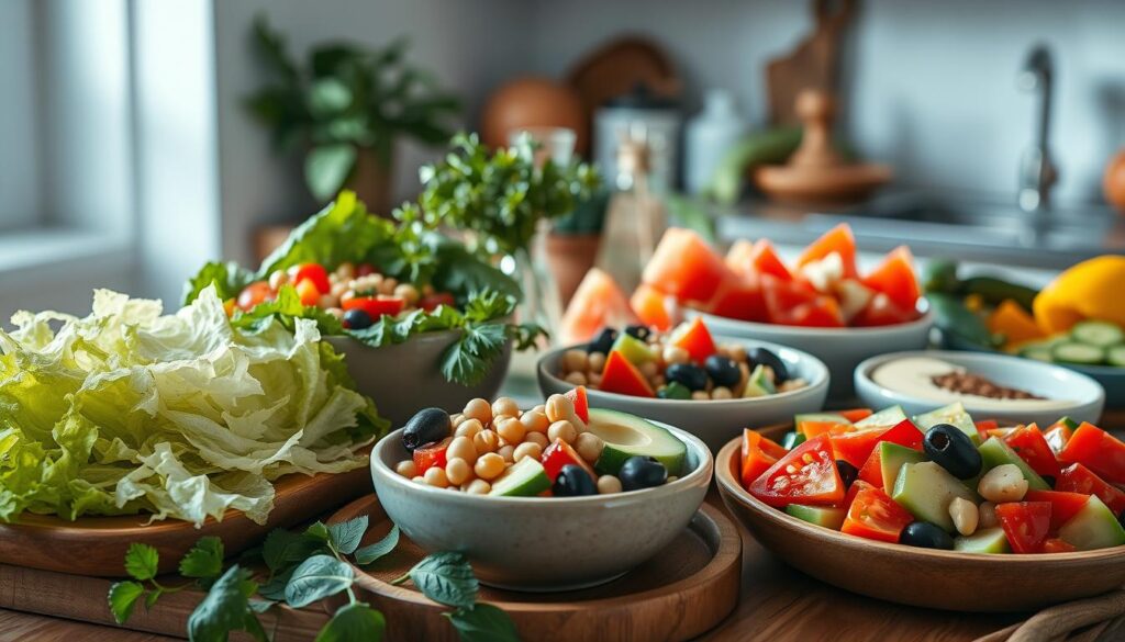 Cozy Mediterranean vegan salad bar arrangement featuring crisp romaine lettuce, juicy tomatoes, creamy chickpeas, fresh avocado slices, crunchy cucumber, tangy Kalamata olives, and a variety of vibrant bell pepper chunks. Garnished with fragrant fresh herbs like basil and parsley. Soft natural light filters through a minimal kitchen with warm wooden textures and light blue accents, casting gentle shadows. The salad is presented in various ceramic bowls and wooden platters, creating an inviting display of colors, textures, and flavors.