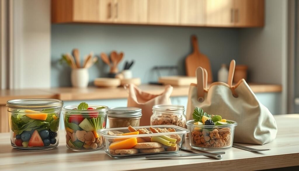 Cozy and minimalist kitchen interior with wooden textures and light blue accents. On the countertop, an assortment of paleo-friendly lunch items neatly arranged: glass containers filled with colorful salads, sliced vegetables, fruits, and protein-rich snacks. Utensils and reusable bags are strategically placed, conveying an organized, practical approach to packing a nutritious, grain-free midday meal. Warm, soft lighting casts a gentle glow, highlighting the natural tones and textures of the ingredients. The overall atmosphere exudes a sense of mindfulness and wellness, inspiring the viewer to adopt a healthier, paleo-approved lifestyle.