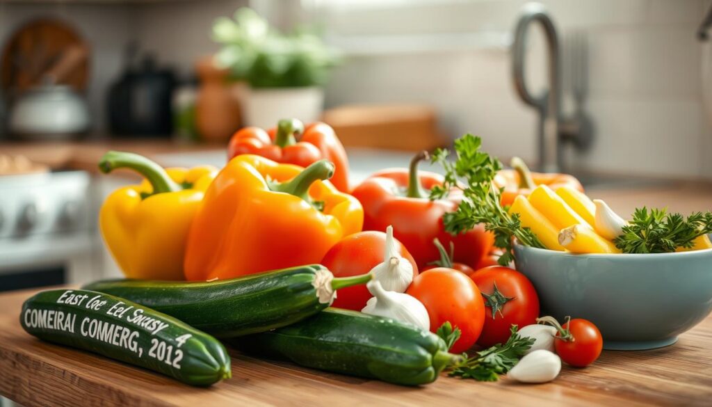 Cozy kitchen counter with an array of fresh, colorful ingredients for a speedy meal prep: vibrant bell peppers, crisp zucchini, juicy tomatoes, fragrant garlic cloves, and a bundle of herbs in a light blue ceramic bowl. Soft, natural lighting filters through the window, casting a warm glow on the wooden textures. The scene evokes a sense of ease and efficiency, perfect for crafting a delicious, quick dinner.