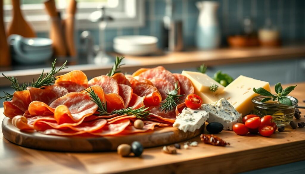 Cozy kitchen counter with an assortment of Italian meats, cheeses, and accompaniments. Prosciutto, salami, and mortadella slices artfully arranged next to wedges of Parmesan, Fontina, and Gorgonzola. Sprigs of fresh rosemary, thyme, and basil add pops of green. Glistening olives, sun-dried tomatoes, and a drizzle of olive oil complete the scene. Warm lighting casts a soft glow, highlighting the inviting textures and colors. Wooden surfaces and light blue accents create a simple, elegant atmosphere. The focus is on the delectable Italian ingredients, encouraging the viewer's appetite.