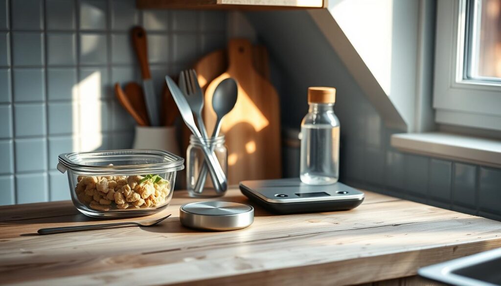 Cozy kitchen counter with an assortment of meal prep accessories thoughtfully arranged. A sleek glass food container, reusable stainless steel utensils, a compact digital scale, and a minimalist water bottle with a wooden cap sit atop a weathered wooden surface. Soft, directional lighting from a nearby window casts warm, natural shadows, creating a serene and inviting atmosphere. The light blue accents of the kitchen cabinets and tiles complement the earthy tones, resulting in a visually harmonious and functional composition.