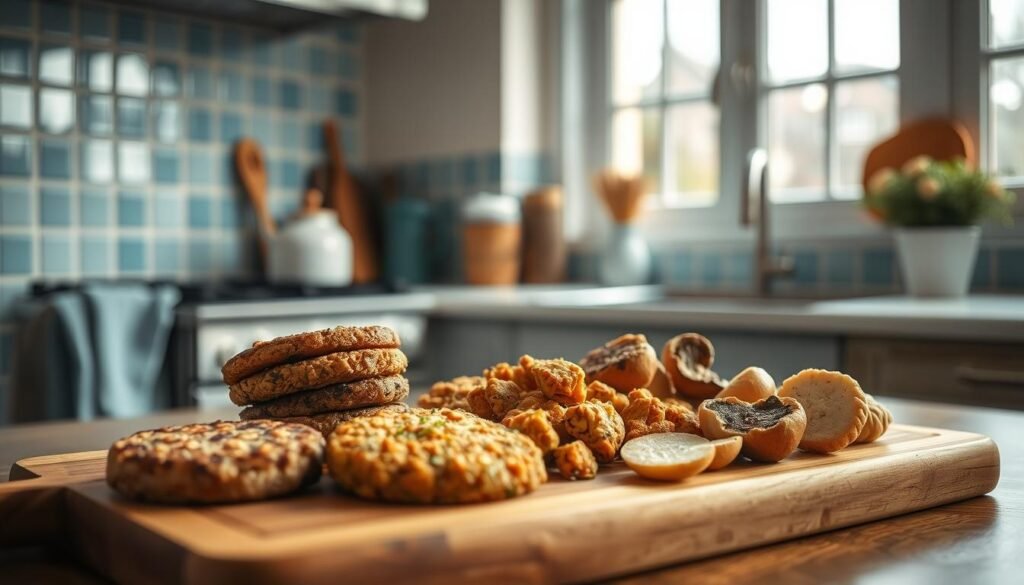 Cozy kitchen filled with an array of innovative protein alternatives, including soy-based patties, lentil nuggets, and mushroom-based 