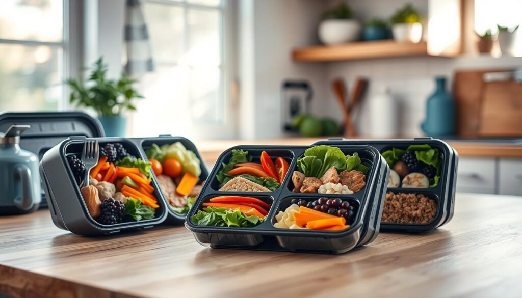 Cozy kitchen filled with natural light, wooden countertops, and minimalist blue accents. On the counter, an array of neatly packed lunch boxes, each containing a visually appealing, balanced no-heat meal - fresh greens, colorful vegetables, lean proteins, and whole grains. The compositions showcase the versatility and benefits of custom, personalized lunchbox meals, free from the need for heating. The overall mood is one of simplicity, health, and the joy of a nutritious, convenient midday refuel.