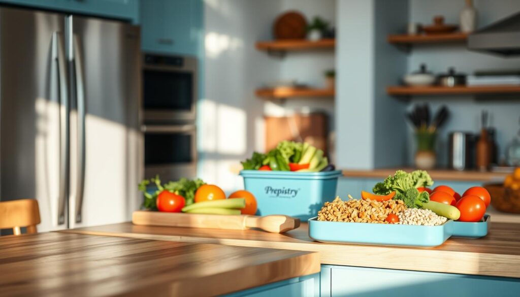 Cozy kitchen filled with the aroma of freshly prepared meals. On a wooden countertop, vibrant vegetables and grains are meticulously arranged, their colors popping against the light blue accents. The Prepistry logo is subtly emblazoned on a nearby container, hinting at the efficient meal prep system within. Natural light filters in, casting a warm, inviting glow over the scene. Stainless steel appliances and clean lines create a minimalist, functional atmosphere, perfect for the busy lifestyle. A sense of organization and intentionality pervades the frame, capturing the essence of integrating meal prep into a hectic schedule.