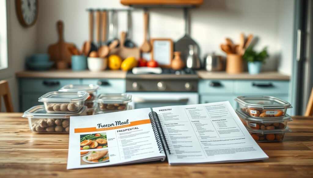 Cozy kitchen filled with wooden textures and light blue accents. In the foreground, a Prepistry freezer meal prep plan lays open, showcasing organized containers, labels, and recipes. The middle ground features various kitchen utensils, fresh produce, and a meal prep checklist. The background is softly lit, creating a warm, inviting atmosphere for a step-by-step guide to crafting a freezer meal prep plan.