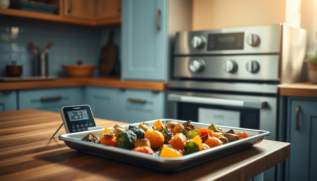Cozy kitchen interior, warm wooden countertops and cabinetry, light blue accents. On the countertop, a sheet pan with various roasted vegetables, a digital oven thermometer displaying the precise temperature. Adjustable knobs on a sleek, modern oven in the background, subtly suggesting temperature control. Natural daylight filters in, casting a soft glow over the scene. The arrangement conveys an atmosphere of simple, efficient meal preparation with minimal supervision.