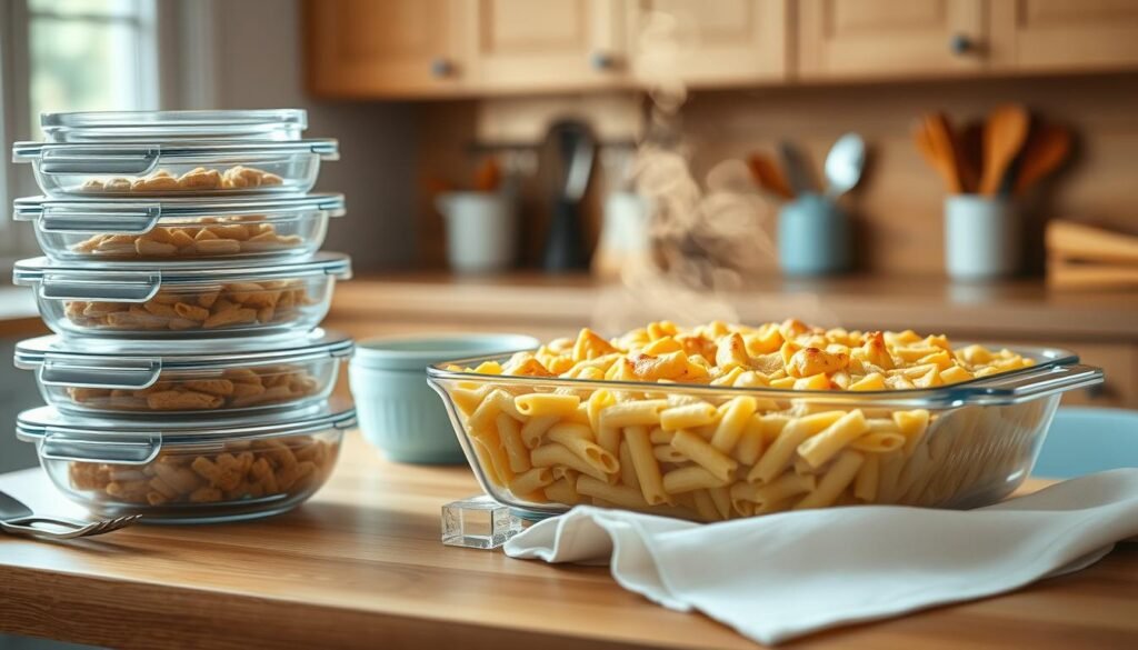 Cozy kitchen interior with warm wooden textures and light blue accents. A large glass baking dish filled with a creamy, bubbly pasta bake sits on a wooden table, steam rising from the golden-brown surface. Beside it, a set of stacking glass containers and utensils, conveying the steps of assembling, baking, and freezing the dish for future meals. Soft, diffused lighting illuminates the scene, highlighting the comforting atmosphere. The image should capture the ease and practicality of preparing a freezer-friendly pasta bake in a home kitchen.