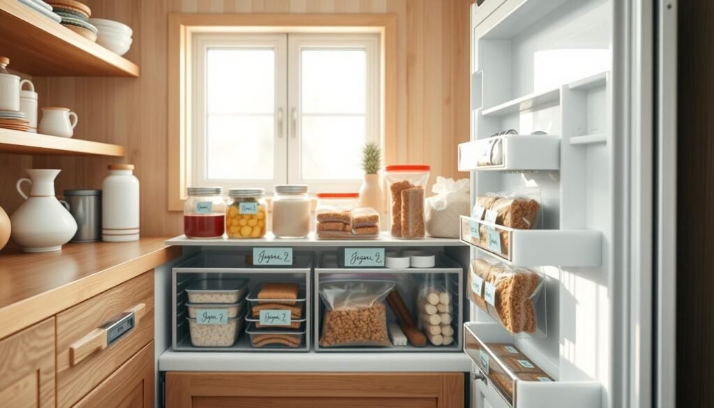 Cozy kitchen interior with wooden shelves, drawers, and countertops. Pristine white freezer with neatly organized compartments, each labeled with handwritten tags on light blue adhesive labels. Glass jars, plastic containers, and reusable bags filled with frozen low-sugar breakfast items - smoothie packs, overnight oats, and homemade granola bars. Soft natural lighting filters through a window, casting a warm glow on the well-curated freezer setup. Minimal decor accents in complementary tones complete the serene, organized atmosphere.