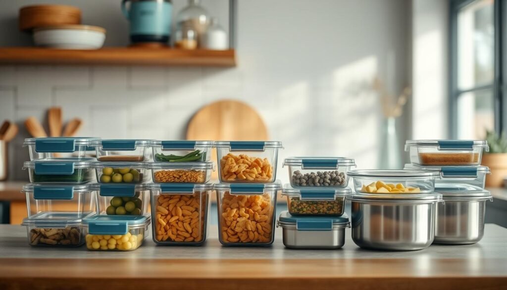 Cozy kitchen interior with wooden textures and light blue accents. On the counter, various meal prep containers in glass, plastic, and stainless steel, neatly organized. Reusable lids, dividers, and labeling elements create a functional and visually appealing storage solution. Soft, natural lighting illuminates the scene, highlighting the simplicity and versatility of the containers. The focus is on the practical yet stylish meal prep supplies, conveying efficiency and meal planning for the workweek.