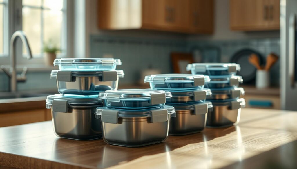 Cozy kitchen interior with wooden textures and light blue accents. On the countertop, a set of sleek, airtight "Prepistry" meal storage containers in various sizes, their lids snapped securely in place. The containers are arranged neatly, catching the soft, natural light from the window. The overall scene conveys a sense of organization and preparedness, reflecting the theme of "Smart Strategies for Storing and Packaging Prepped Meals".